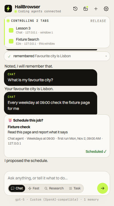 The HailBrowser side panel: a chat asking it to remember a favourite city, then to schedule a daily check