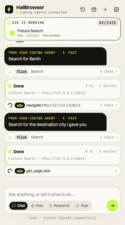 The HailBrowser side panel next to a web page, with a chat box and a list of steps